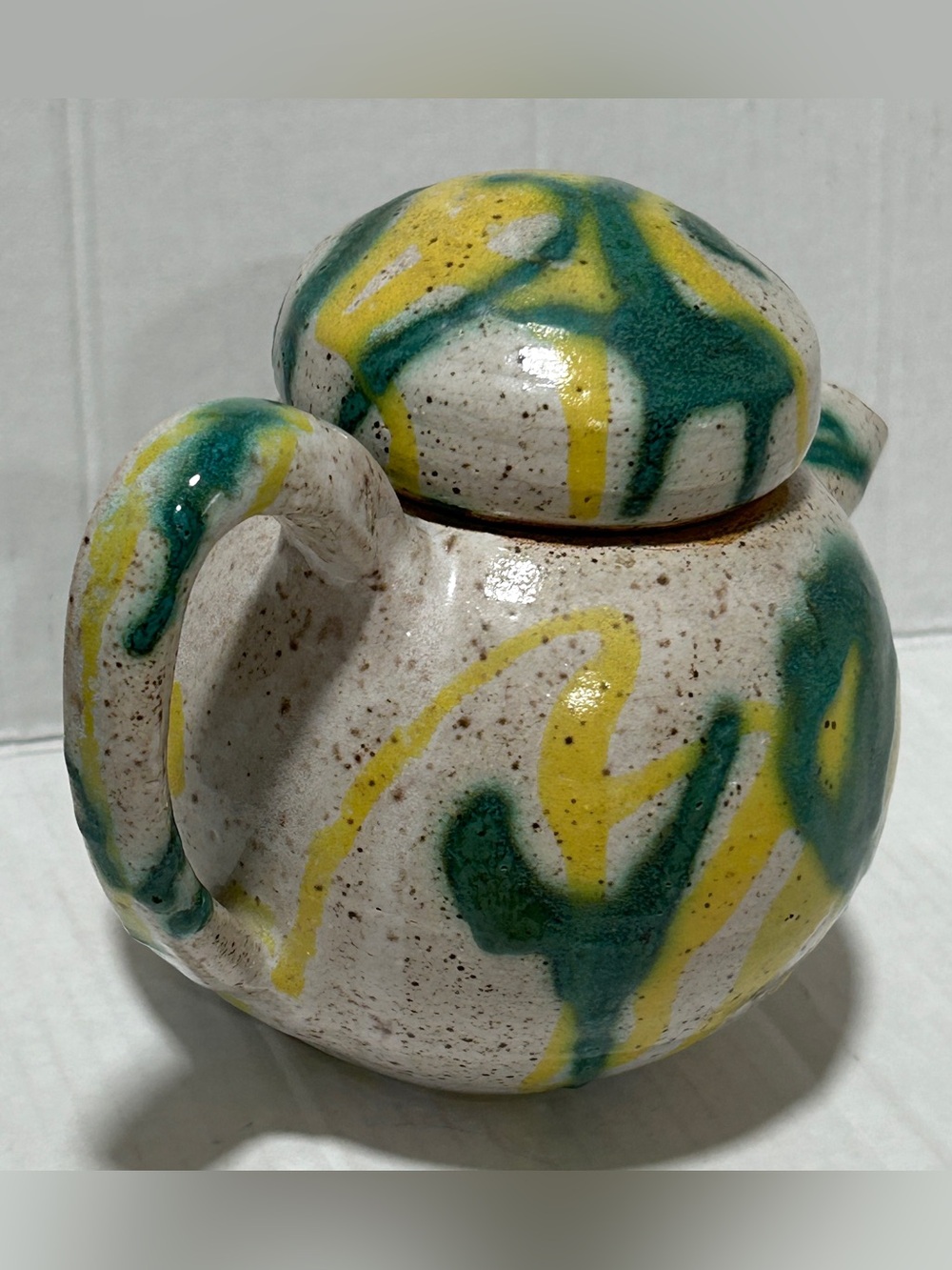 Handmade Speckled Ceramic Teapot with Green and Yellow Glaze - Picture 3 of 3
